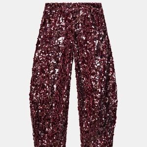 Zara Women's Sequin Barrel Pants in Maroon